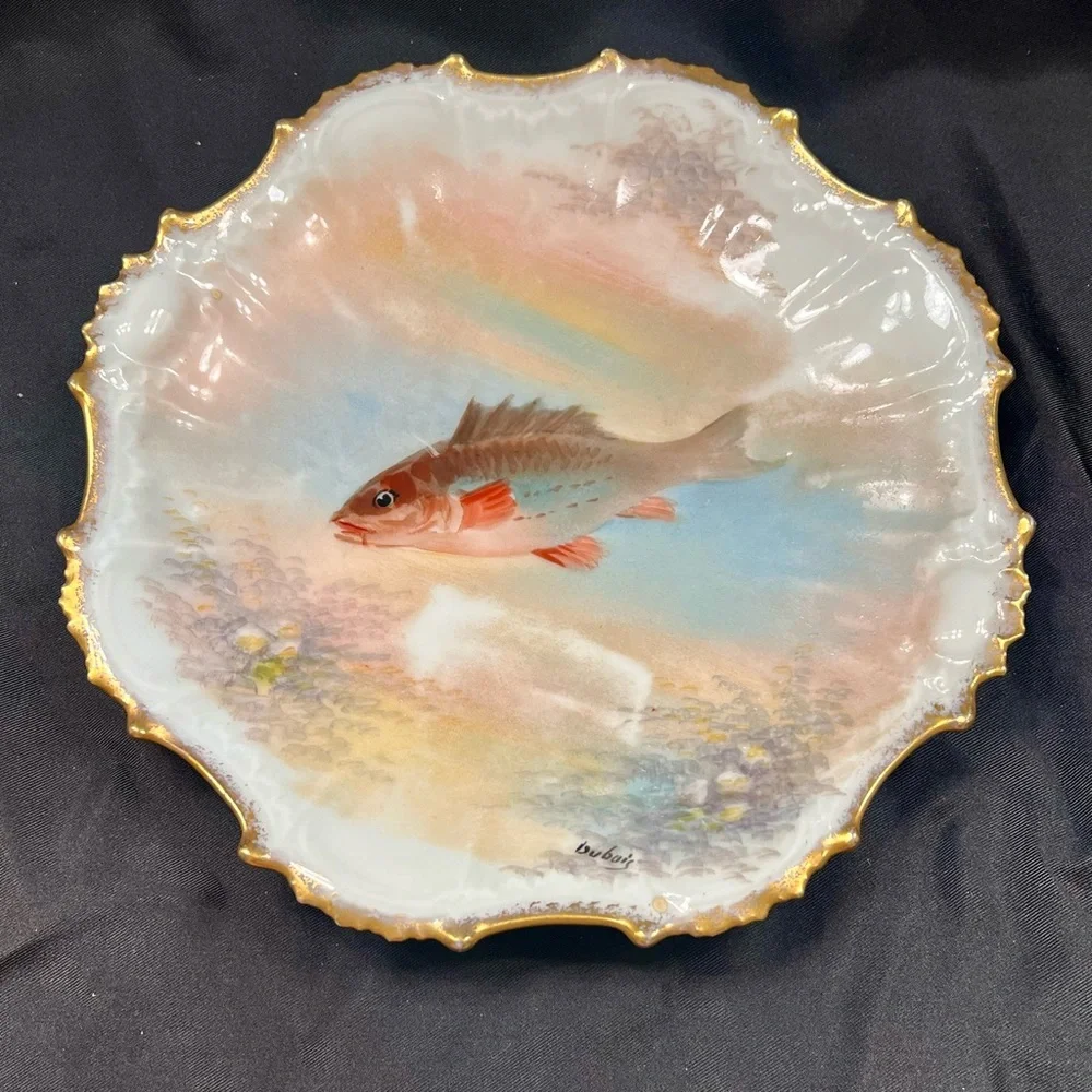 Antique B &‎ H Limoges France Gold Trimmed Fish Plate 8.5” - Signed By “Dubois”